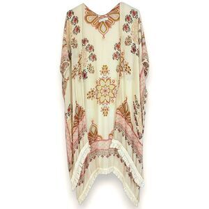 Boho Floral Kaftan Fringe Hem Kimono Caftan Cover Up Festival Resort One Size